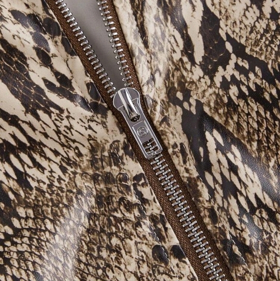 Khaki Snake Skin Print Motorcycle Stand Collar Zipper Jacket,Retro Western Style - Picture 3 of 4